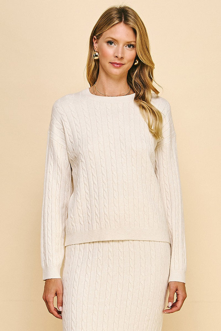 Cable Knit Crew Neck Sweater, Almond Milk