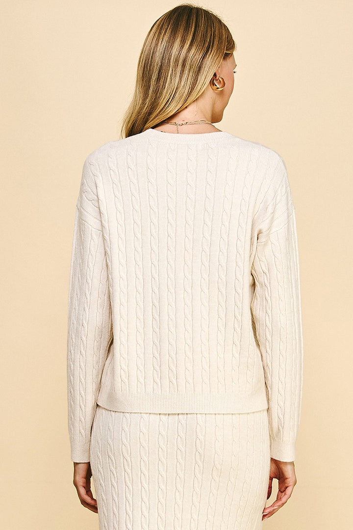 Cable Knit Crew Neck Sweater, Almond Milk