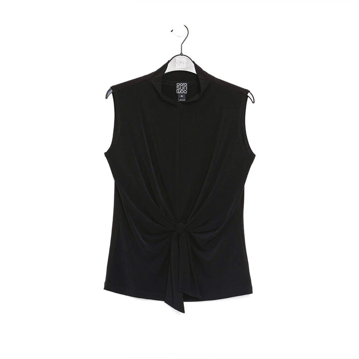 Solid Front Tie Sleeveless Soft Knit Top, Black