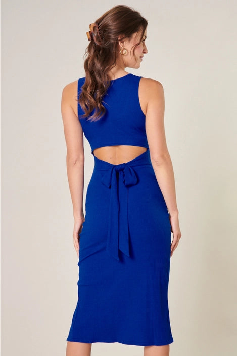 Ribbed Knit Tie Back Bodycon Dress, Cobalt