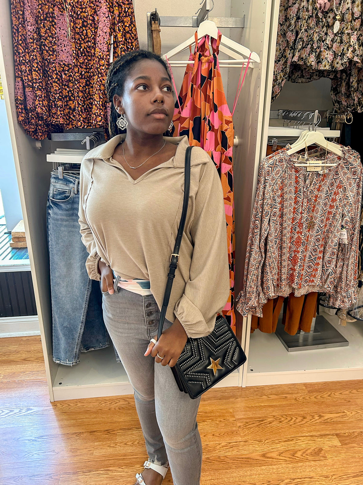 Collared V Neck Balloon Sleeve Shirt