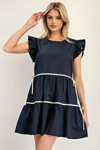 Navy Babydoll Tiered Mini Dress With Cream Satin Bow Details