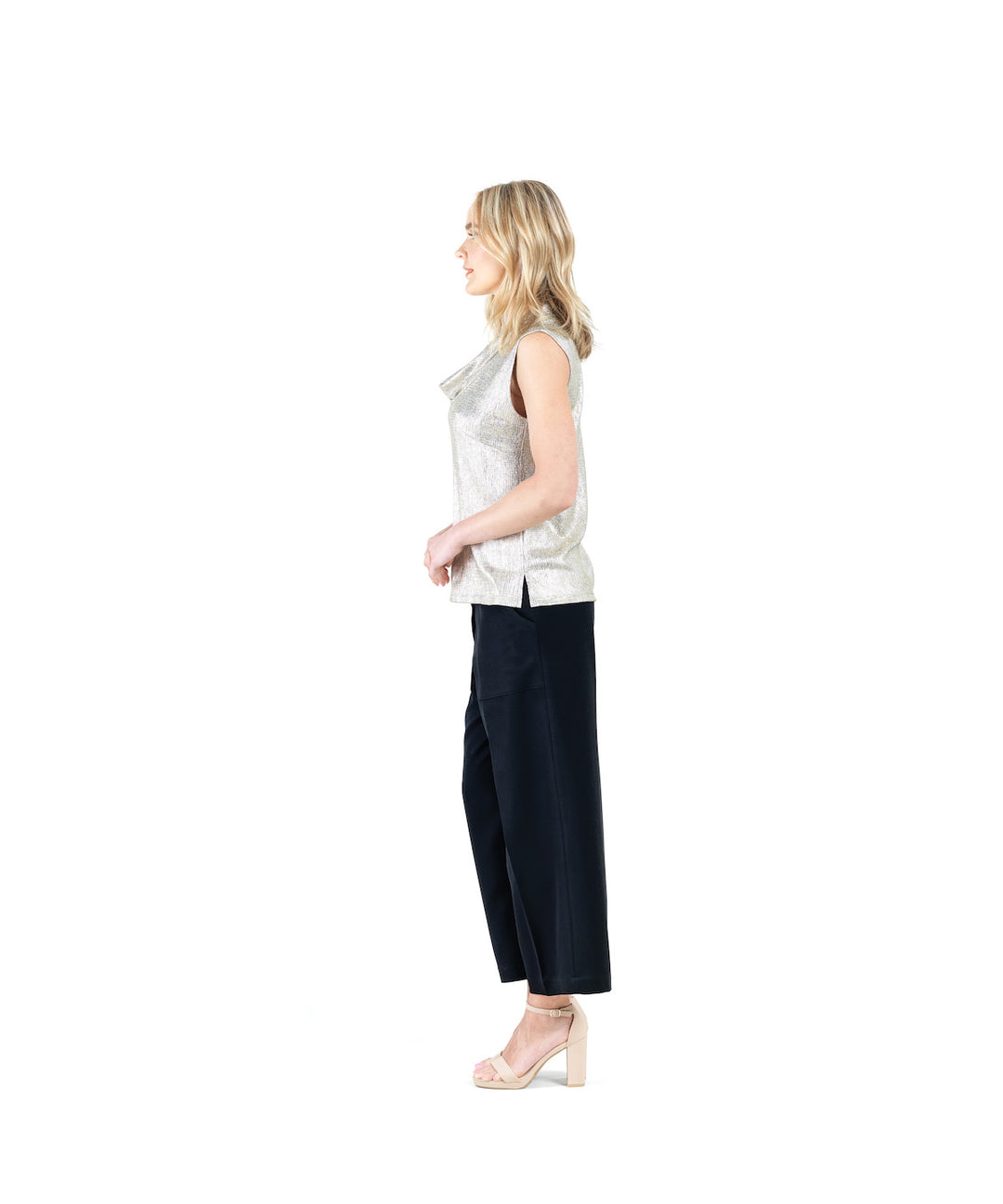Drape Neck Sleeveless Shimmer Top, Champagne