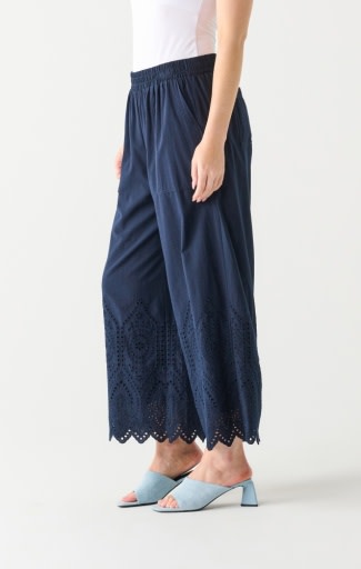 Eyelet Detailed Scallop Flowy Pant, Navy