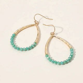 Half Beaded Gold Hammered Open Teardrop Earrings Turquoise