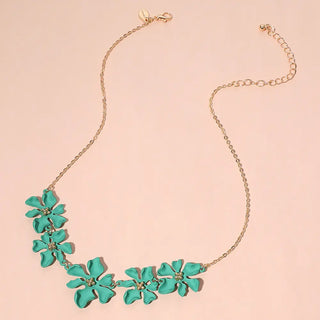 Coated Metal Flower Necklace Goldtone Teal