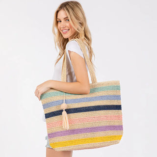 Pom Pom Tassel Multi Color Straw Crochet Tote Bag / Beach Bag Blue