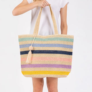 Pom Pom Tassel Multi Color Straw Crochet Tote Bag / Beach Bag Blue
