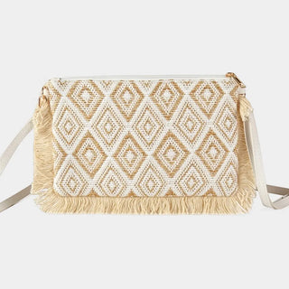 Diamond Checker Fringe Edge Detailed Crossbody Bag / Clutch Bag Ivory