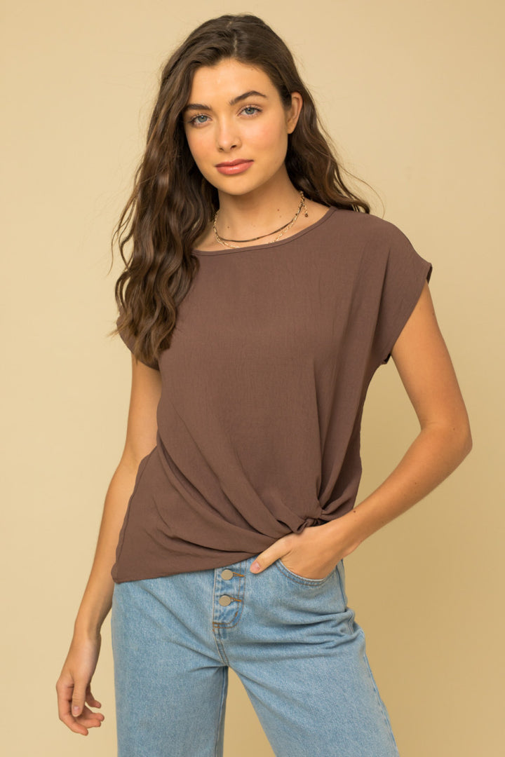 Faux Knotted Tucked Blouse, Brown