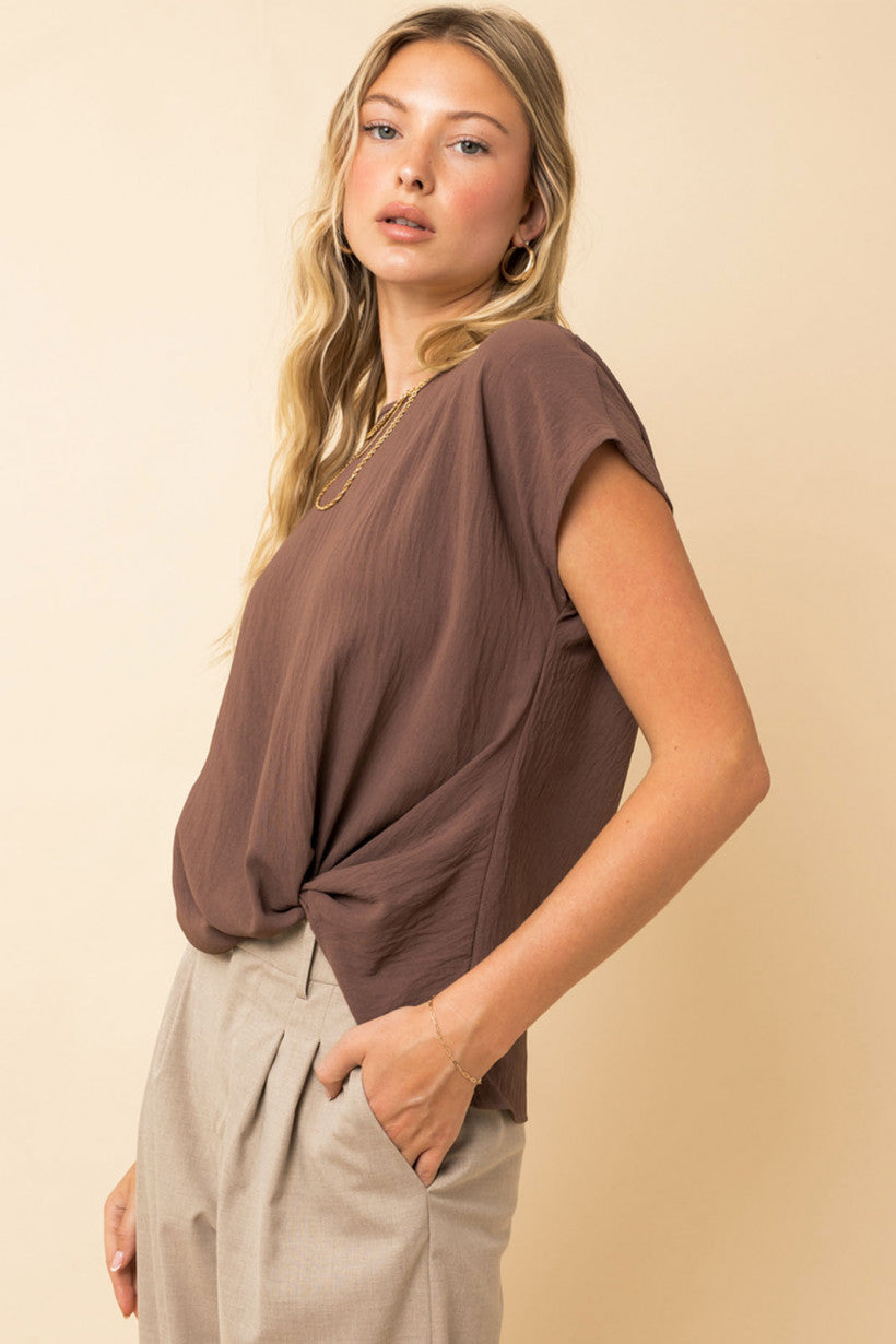 Faux Knotted Tucked Blouse, Brown
