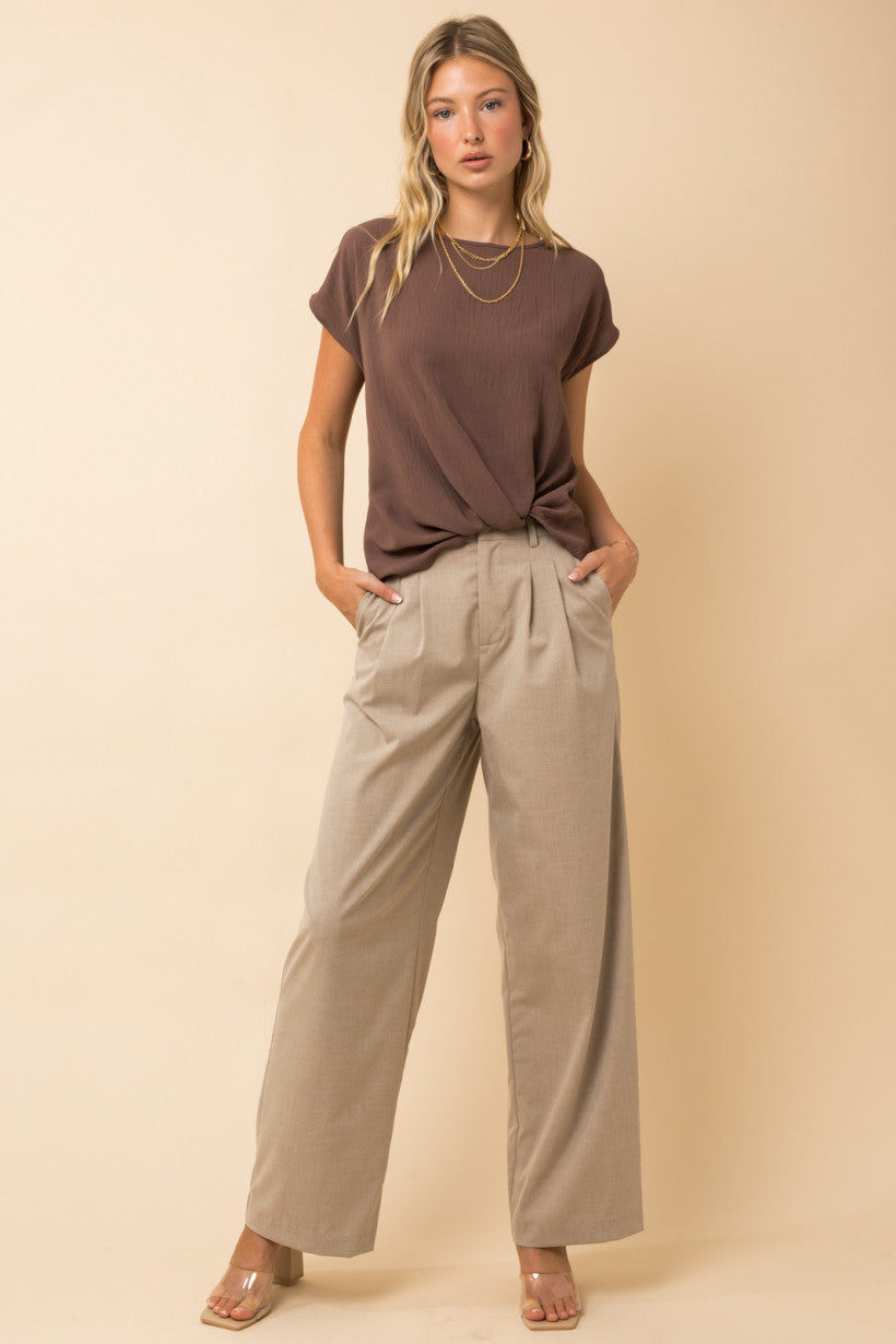 Faux Knotted Tucked Blouse, Brown