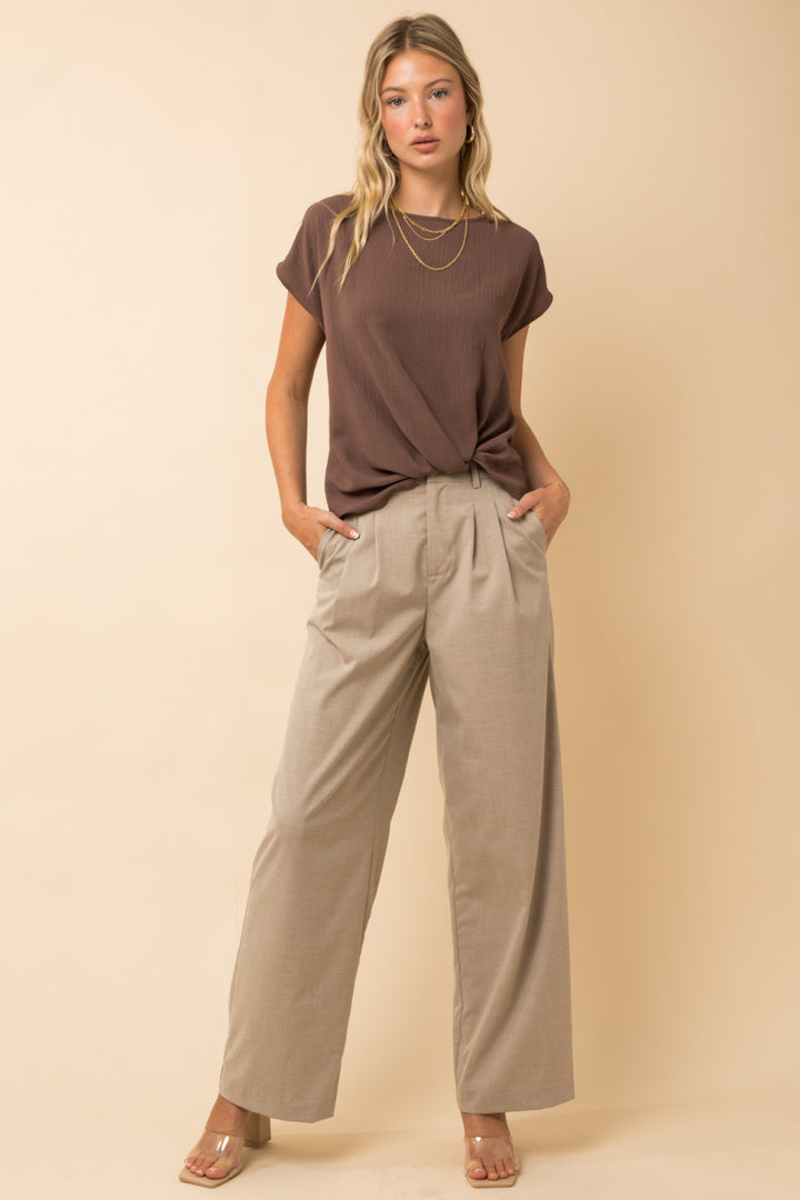 Faux Knotted Tucked Blouse, Brown