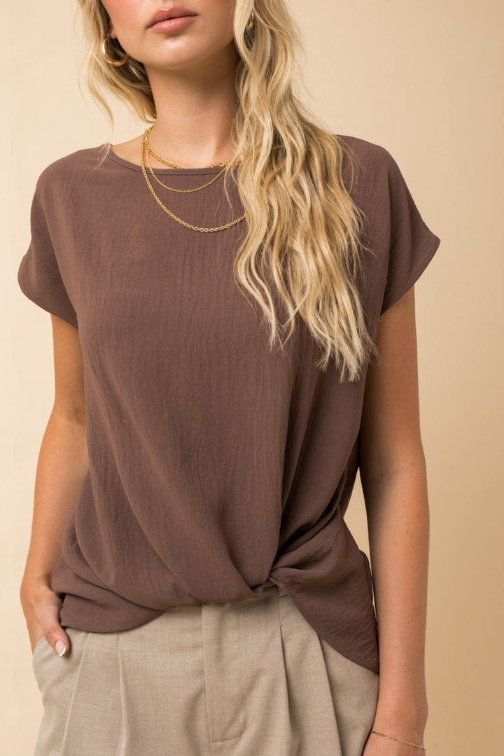 Faux Knotted Tucked Blouse, Brown