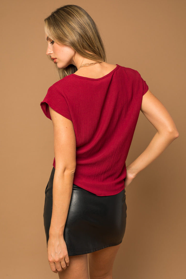 Faux Knotted Tucked Blouse, Burgundy