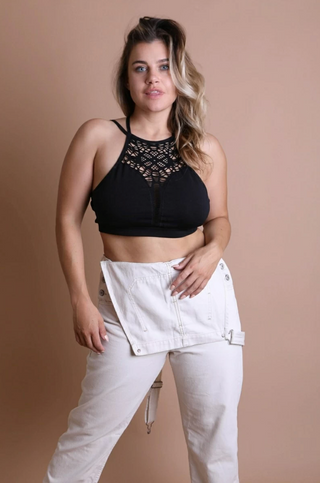 Floral Cut-Out Seamless Crop Top Bralette with High Neck and CrissCross Back