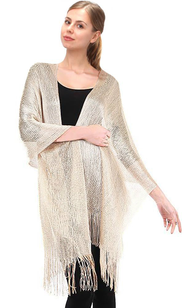 Lightweight Metallic Scarf Wrap w/ Fringe, Champagne