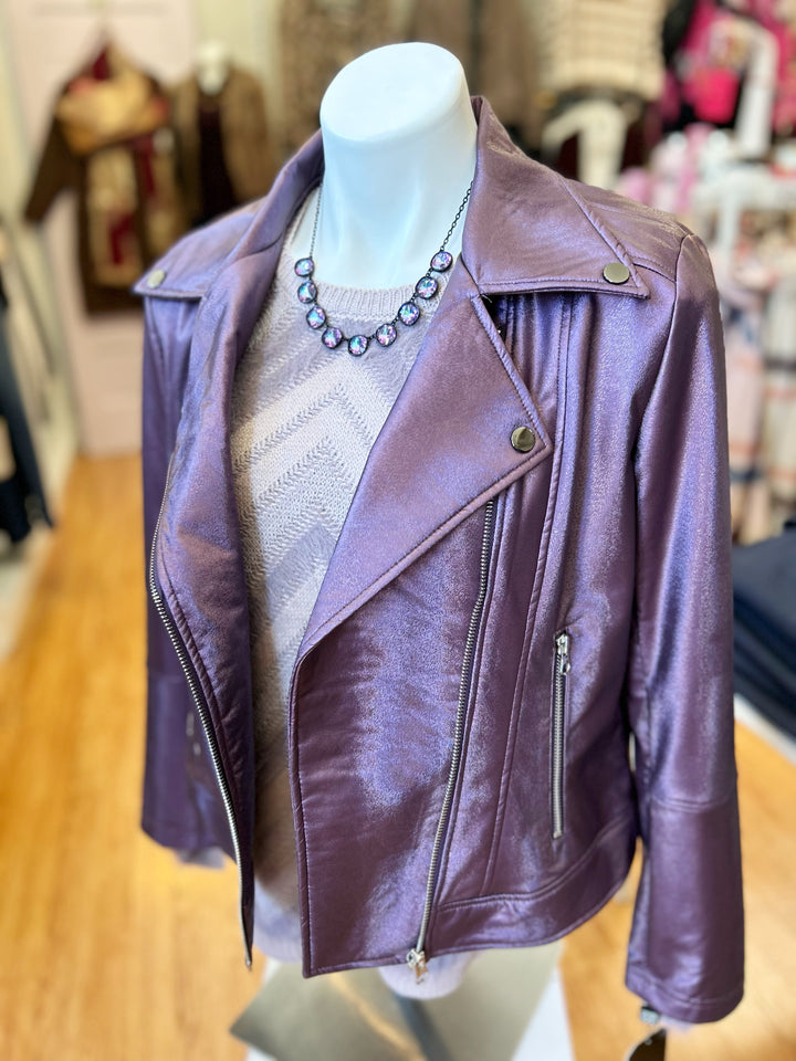 Liquid Sheen Plush Moto Zip Jacket, Plum