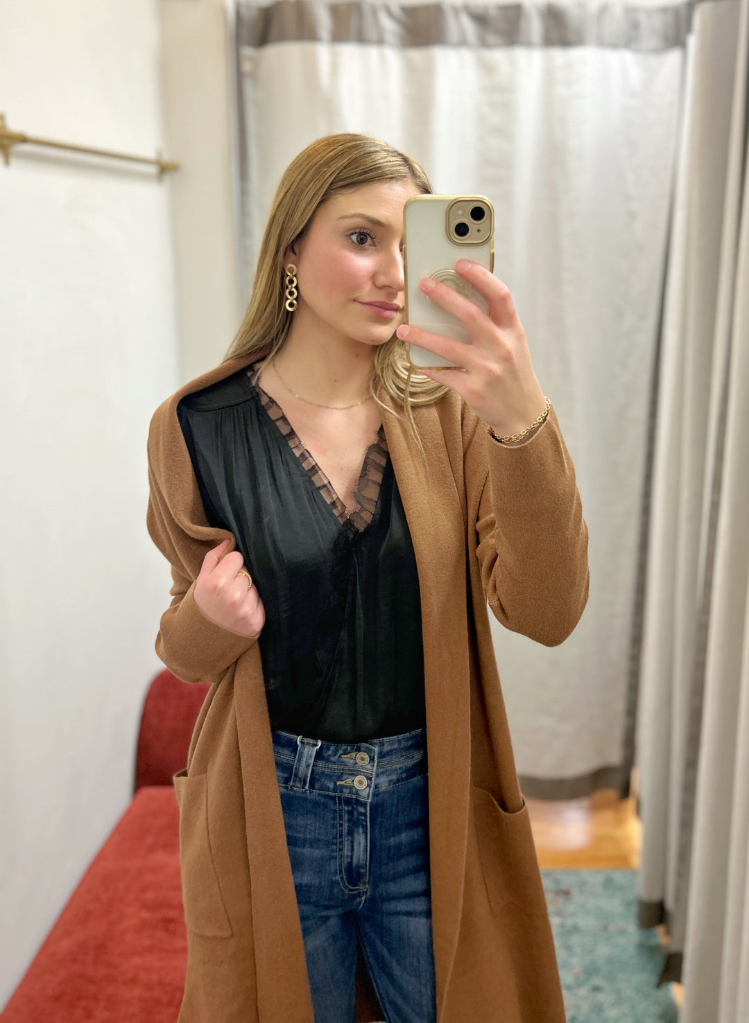 Lace Trimmed Surplice Neck Silky Blouse, Black