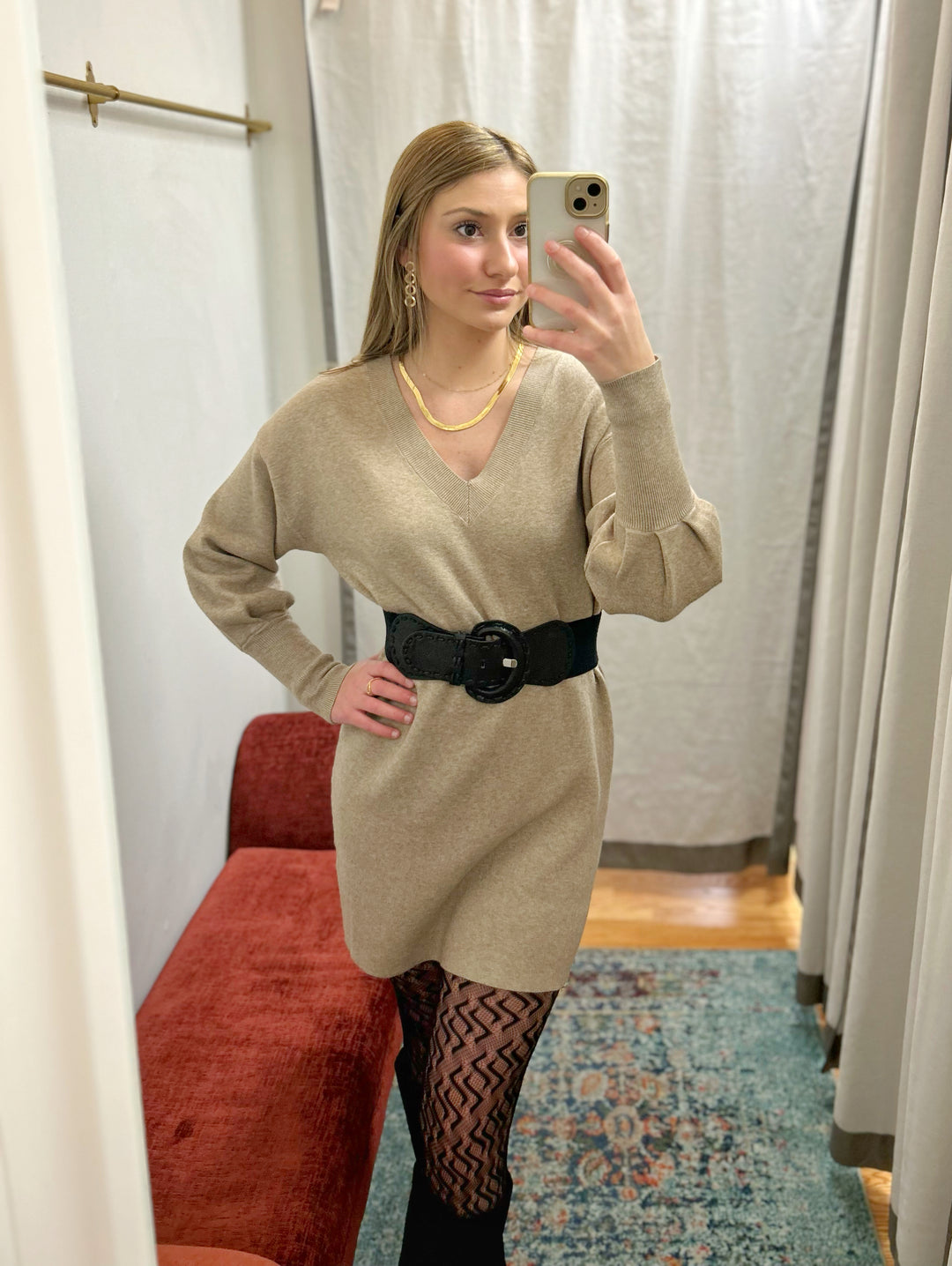 V-Neck Sweater Dress, Taupe