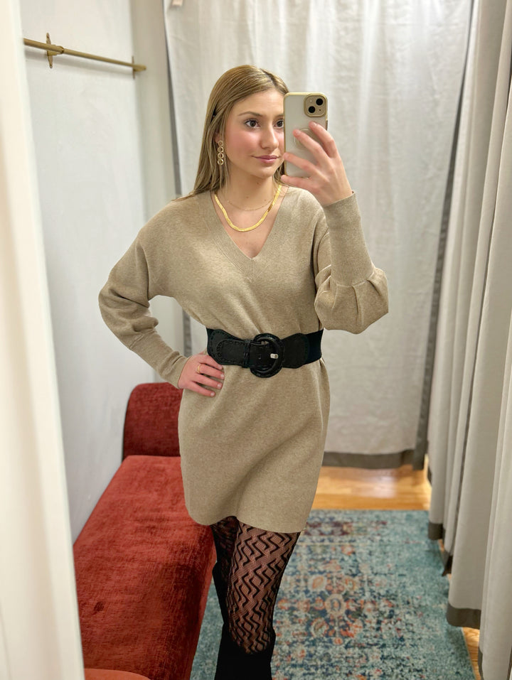V-Neck Sweater Dress, Taupe