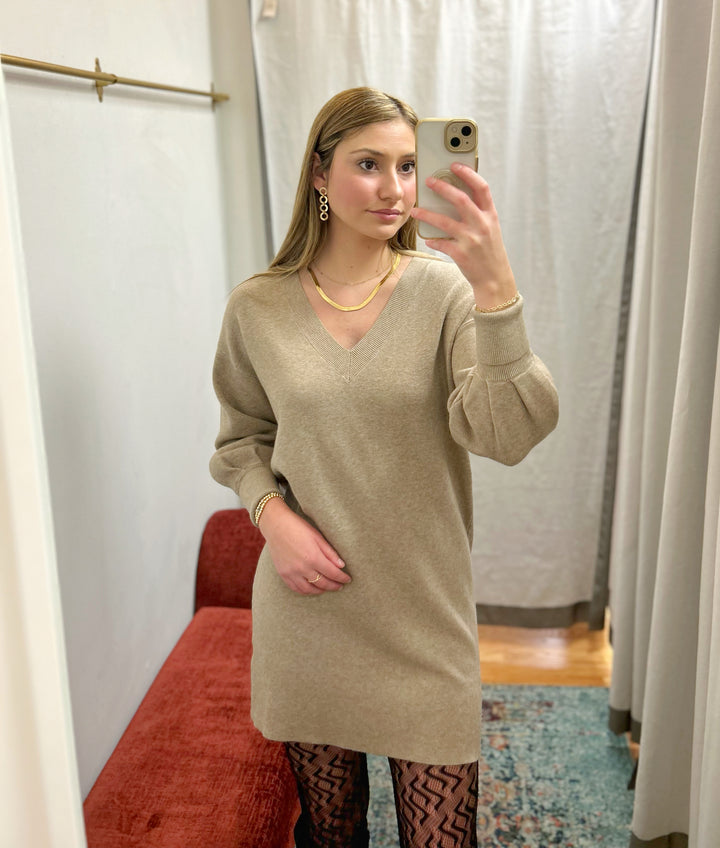 V-Neck Sweater Dress, Taupe