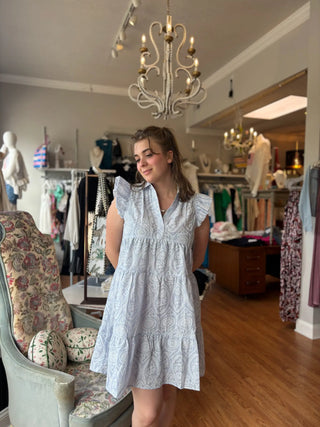 Blue Seersucker Tiered Dress with Collar and Puff Print Floral Texture