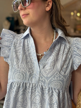 Blue Seersucker Tiered Dress with Collar and Puff Print Floral Texture