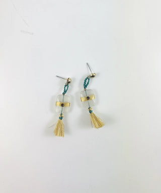 Teal and Beige Tassel Earring with Square Charm