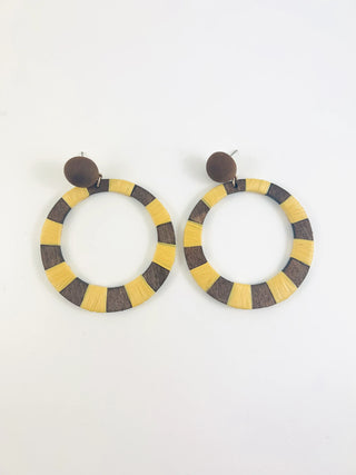 Yellow Threaded Boho Wooden Hoop Earrings Statement