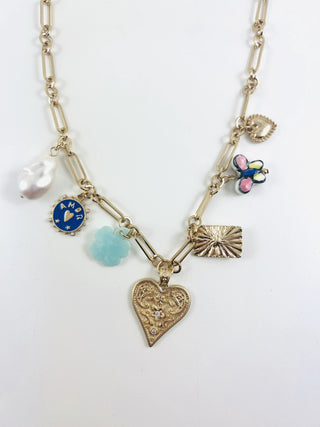 Statement Charm Necklace Ceramic Butterfly, Floral Heart Charm, Faux Pearl Blue and Gold