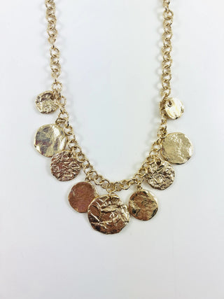 Gold Tone Textured Disc Charm Necklace Rollo Chain