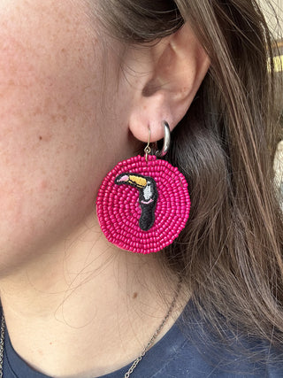 Toucan Beaded Earrings Statement Fuchsia