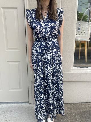 Navy and White Floral Print Satin Tiered Maxi Dress