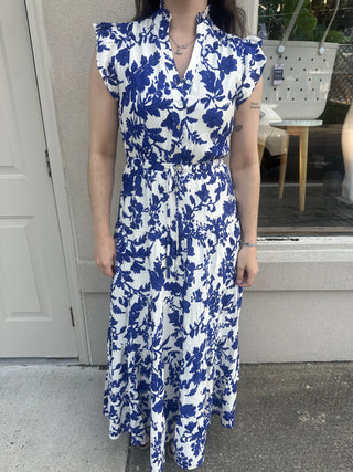 China Blue Floral Printed White Rayon Tiered Maxi Dress