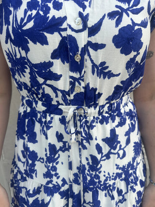 China Blue Floral Printed White Rayon Tiered Maxi Dress