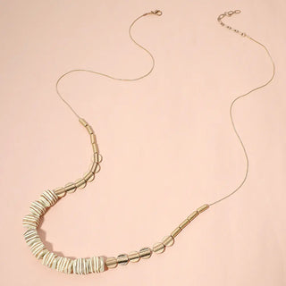 Geometric Wood and Gold Bead Long Necklace Cream/Worn Gold