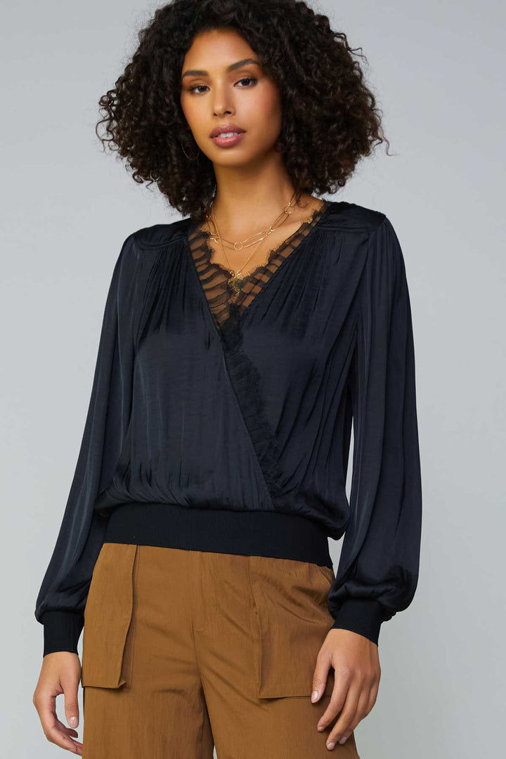 Lace Trimmed Surplice Neck Silky Blouse, Black