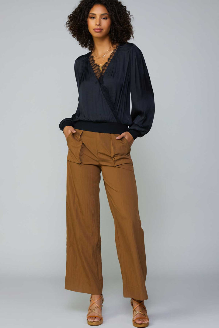 Lace Trimmed Surplice Neck Silky Blouse, Black
