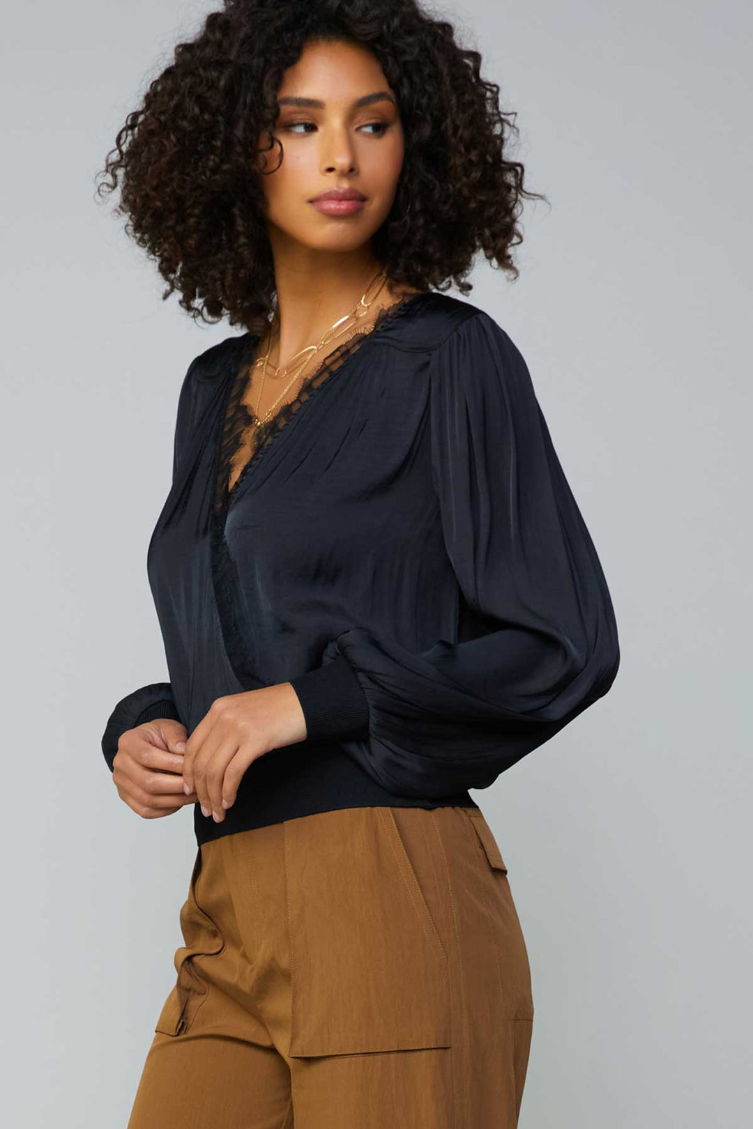Lace Trimmed Surplice Neck Silky Blouse, Black
