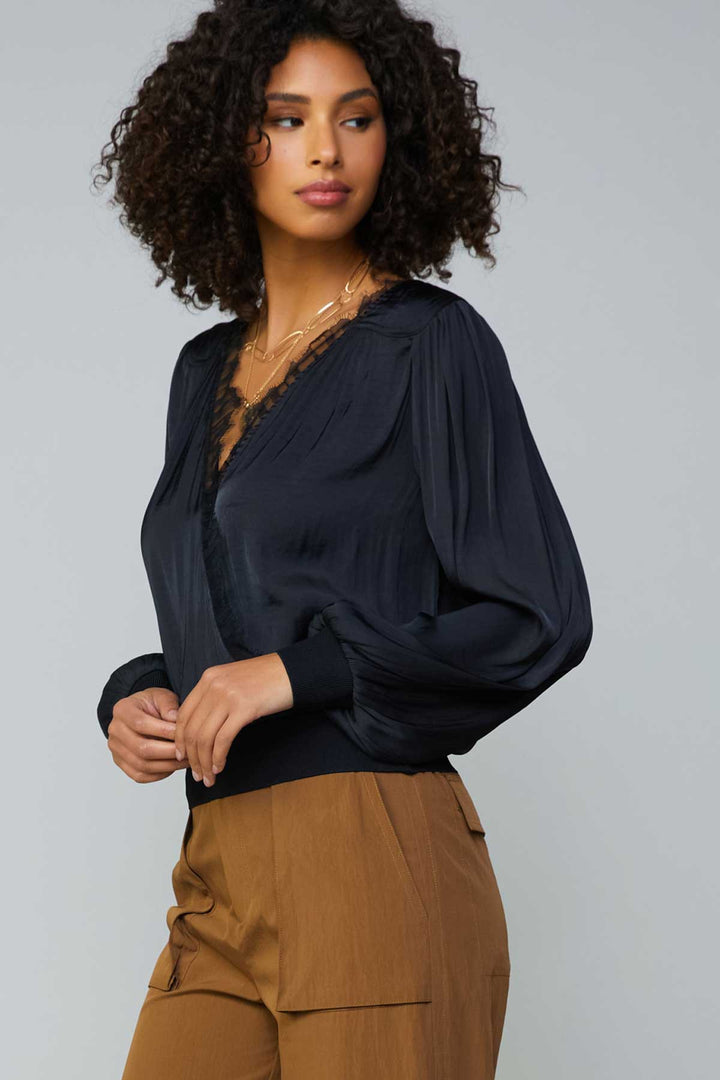 Lace Trimmed Surplice Neck Silky Blouse, Black