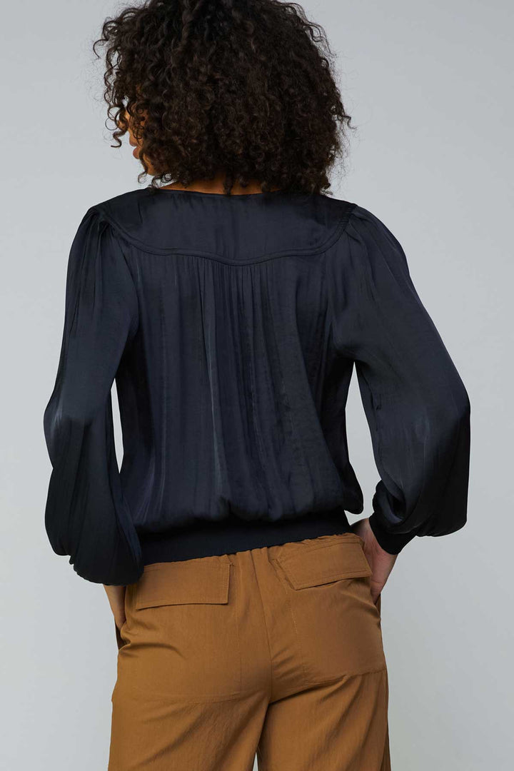 Lace Trimmed Surplice Neck Silky Blouse, Black