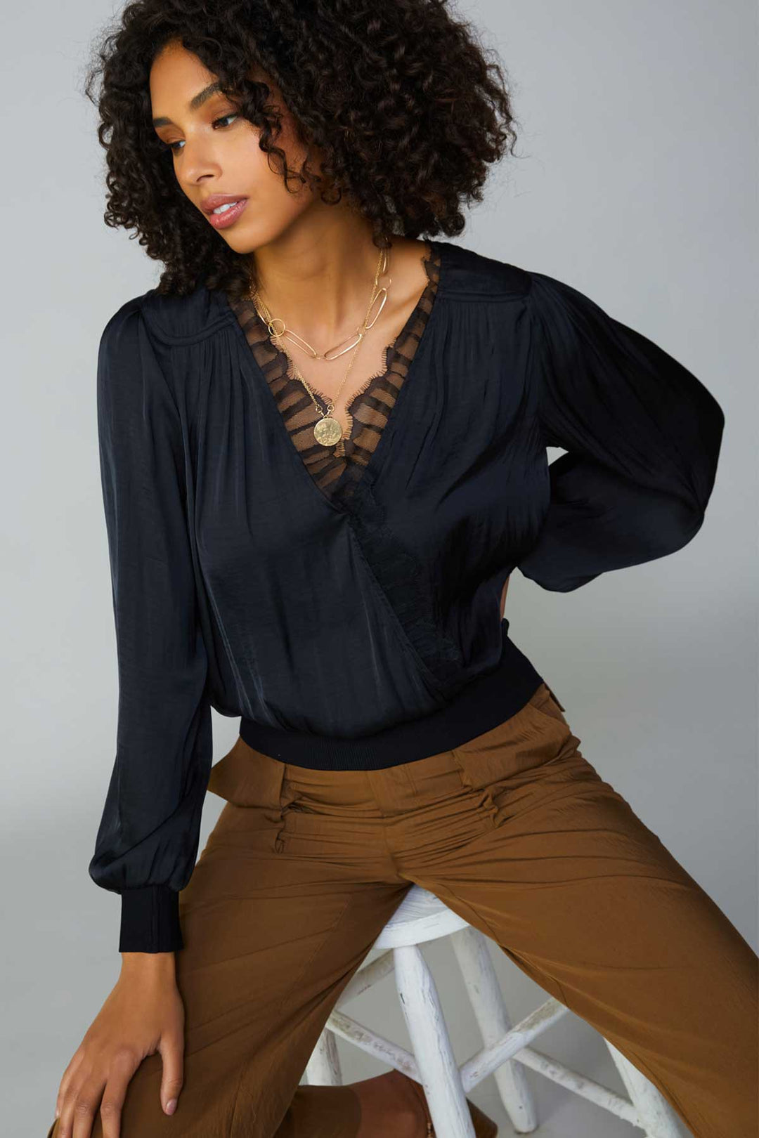 Lace Trimmed Surplice Neck Silky Blouse, Black