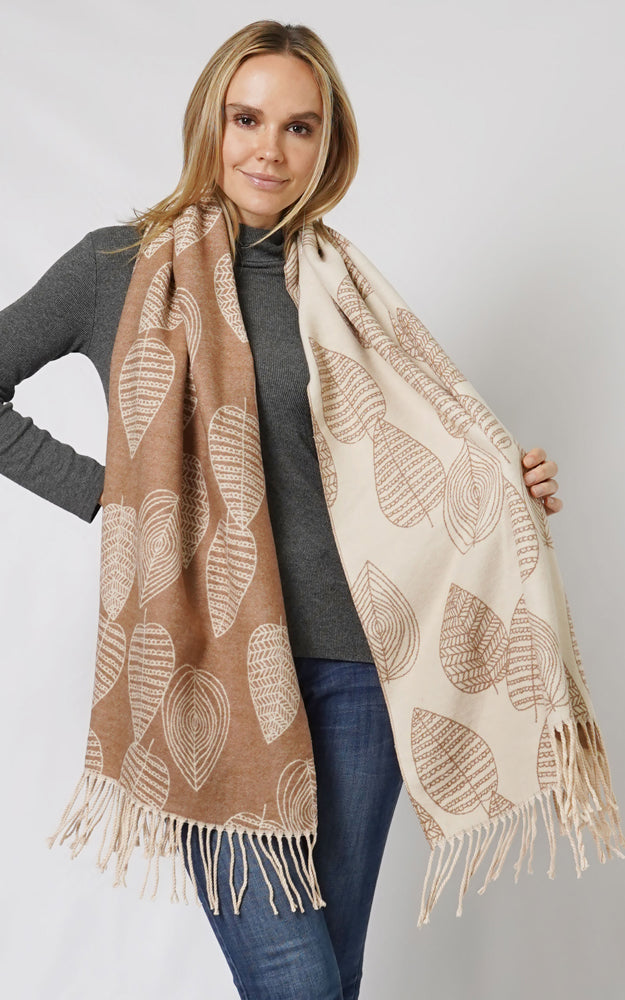 Leaf Patterned Scarf w/ Tassels, Taupe