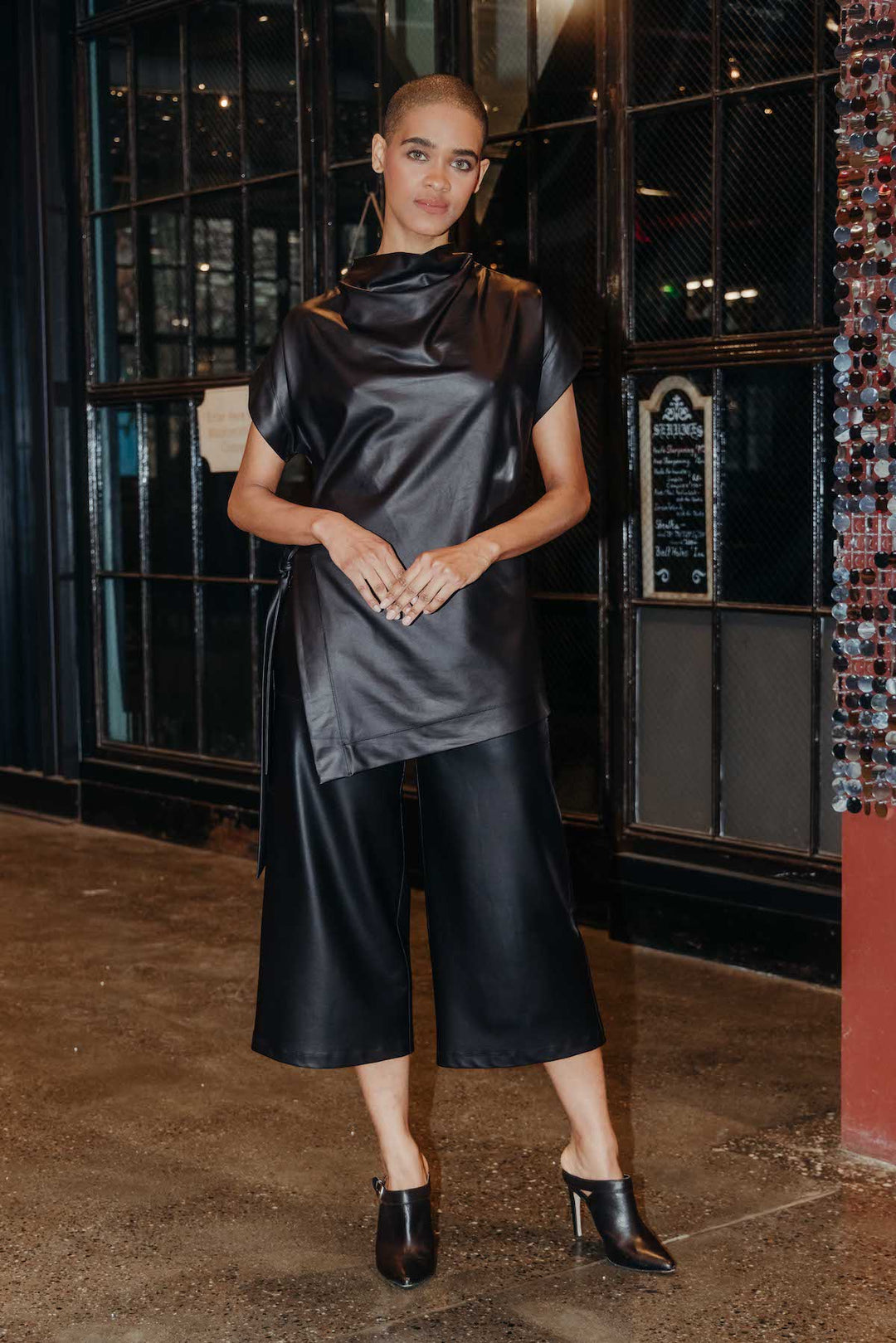 Liquid Leather Cap Sleeve High Neck Tunic Top, Black