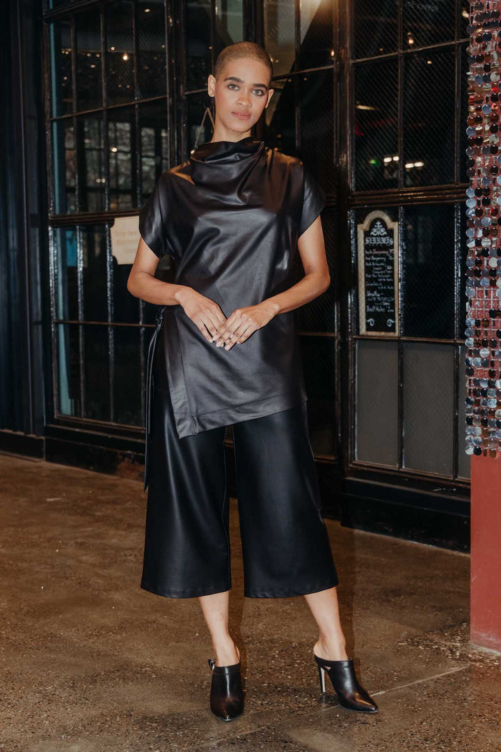 Liquid Leather Cap Sleeve High Neck Tunic Top, Black