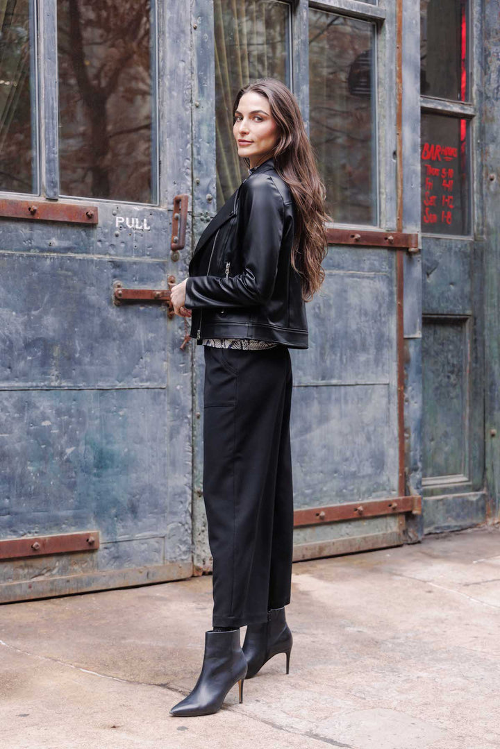 Liquid Sheen Plush Moto Zip Jacket, Black