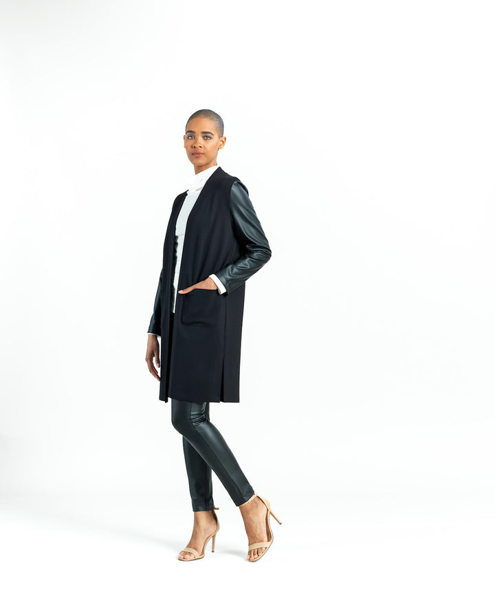 Liquid Leather Sleeve Cardigan, Black