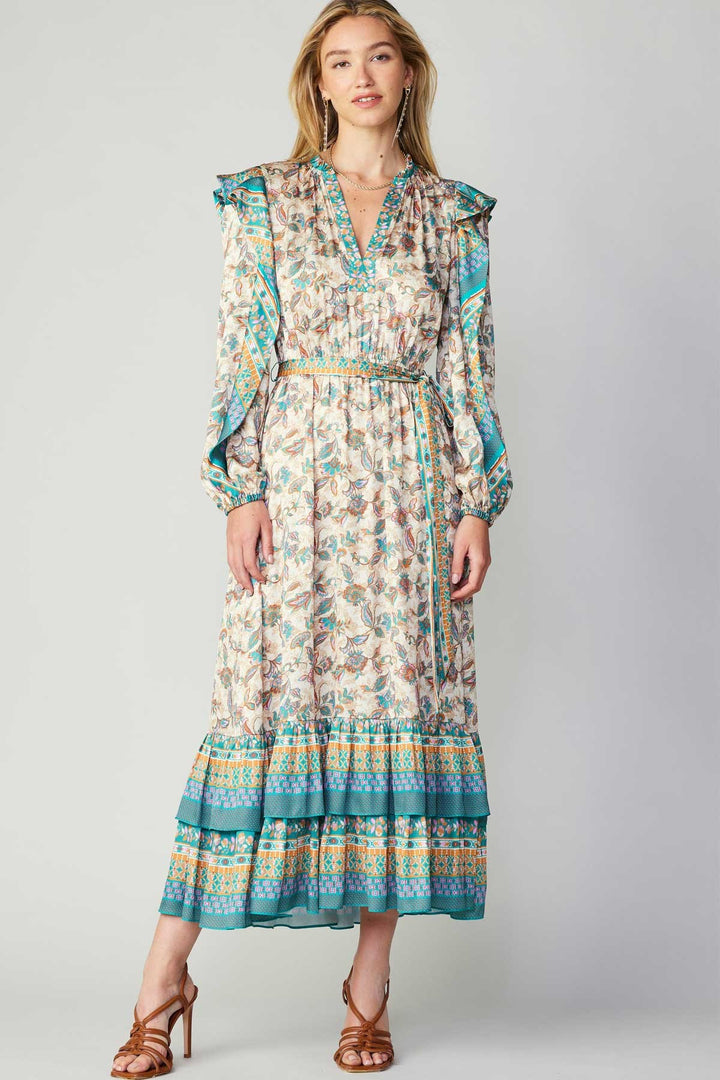 Ruffled Long Sleeve Floral Maxi Dress, Pink/Green
