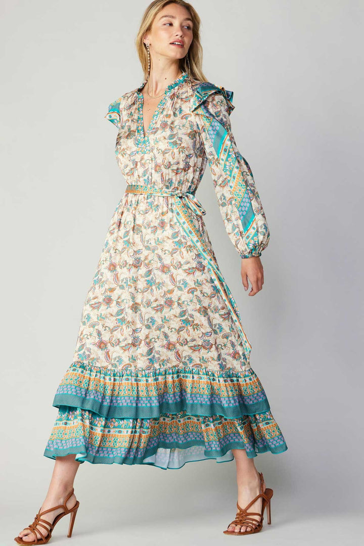 Ruffled Long Sleeve Floral Maxi Dress, Pink/Green